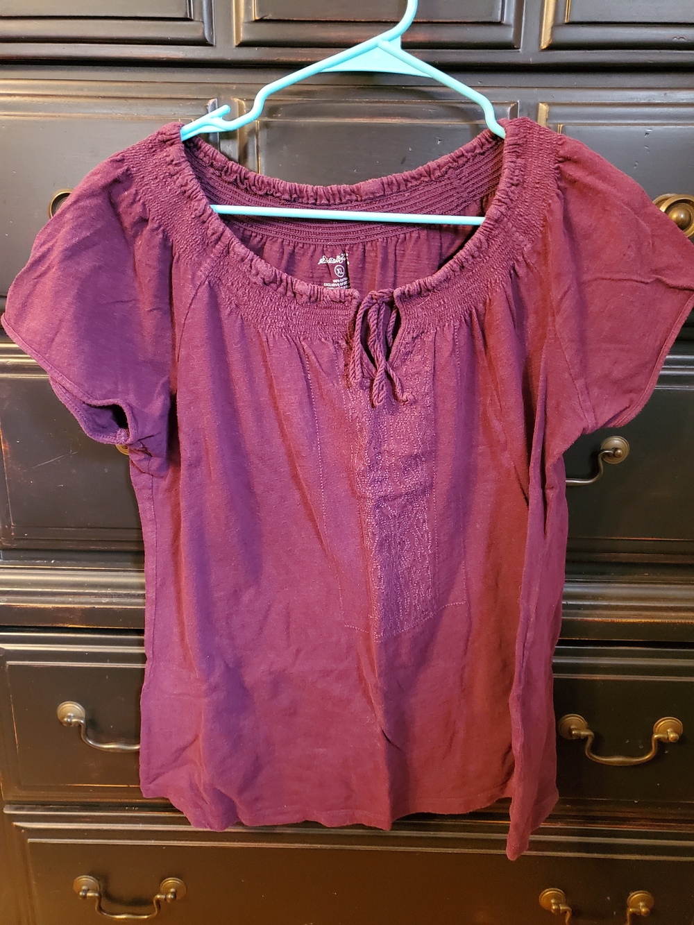 Eddie Bauer Cranberry Peasant Top with Tie Neck